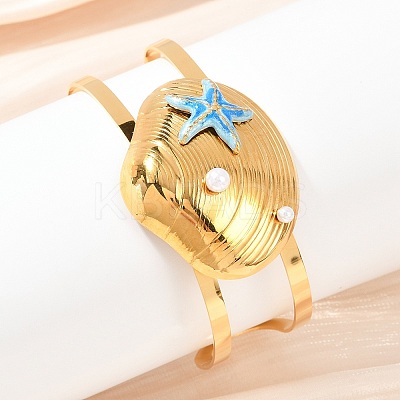 Shell Shape 304 Stainless Steel Enamel Cuff Bangles for Women LS-BJEW-A049-04B-G-1