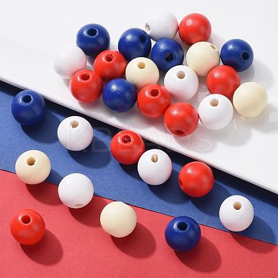 160 Pcs 4 Colors 4 July American Independence Day Painted Natural Wood Round Beads WOOD-LS0001-01C-1