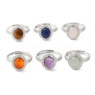 Natural Gemstone Oval Adjustable Ring RJEW-A020-01P-1