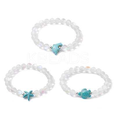 3Pcs Beach Dolphin & Turtle & Starfish Dyed Synthetic Turquoise Bead Bracelets BJEW-JB10252-1
