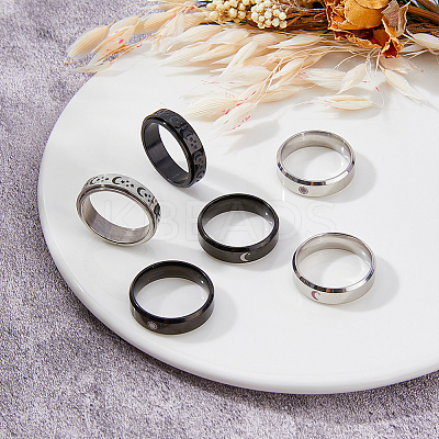 6Pcs 6 Styles Sun & Moon & Star 304 & 201 Stainless Steel Band Rings Set RJEW-FI0001-09-1