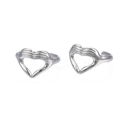 Non-Tarnish 304 Stainless Steel Heart Gesture Open Cuff Ring for Women RJEW-S405-260P-1