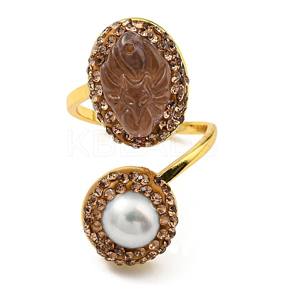 Natural Pearl & Glass Nine Tailed Fox Open Cuff Ring with Rhinestone RJEW-D005-06G-1