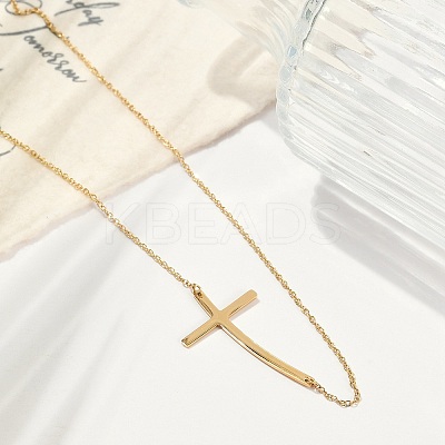 Ion Plating(IP) 304 Stainless Steel Religion Curved Cross Pendant Cable Chain Necklaces for Women NJEW-P320-13G-1