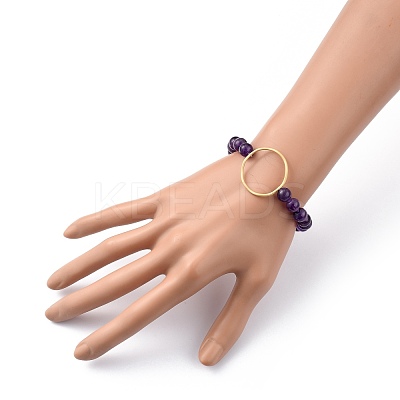 Round Natural Amethyst Stretch Beaded Bracelets BJEW-JB05408-03-1
