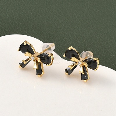 Brass Micro Pave Cubic Zirconia Bowknot Stud Earrings EJEW-D337-02G-1