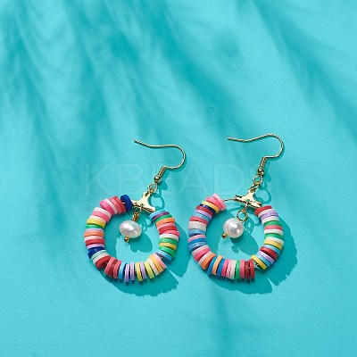 Handmade Polymer Clay Heishi Beaded Ring Dangle Earring EJEW-JE05078-1