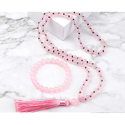 Natural Rose Quartz Round Beaded Pendant Necklaces & Bracelets Sets FS-WG9D102-14-1