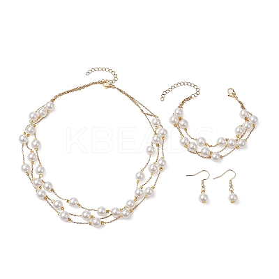 Round ABS Plastic Imitation Pearl Beads Necklace & Bracelet & Dangle Earring Sets for Women SJEW-JS01306-1
