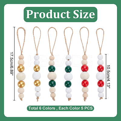 30Pcs 6 Colors Wooden Beaded Pendant Decorations HJEW-AB00737-1
