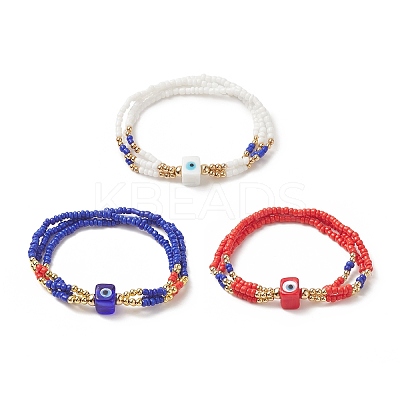 3Pcs 3 Color Evil Eye Lampwork & Glass Seed & Brass Beaded Triple Layer Multi-strand Bracelets Set for Women BJEW-JB09252-1