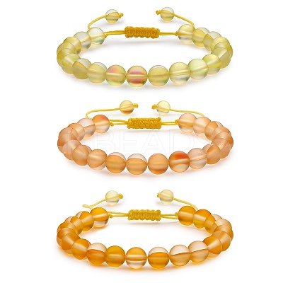 3Pcs Round Synthetic Moonstone Braided Bead Bracelets BJEW-SW00061-03-1