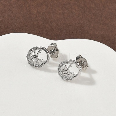 Flat Round with Deer Brass Micro Pave Clear Cubic Zirconia Stud Earrings EJEW-F383-11P-1