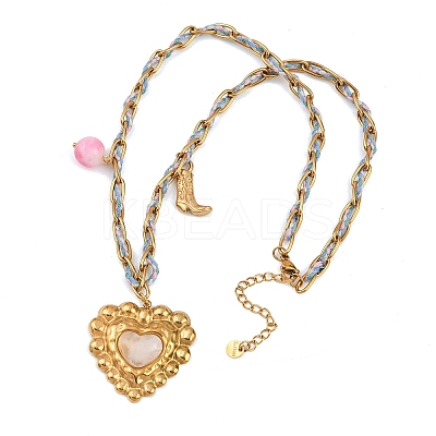 304 Stainless Steel with Glass & Resin Heart Pendant Polyester Rope Necklaces for Women NJEW-K252-12G-1