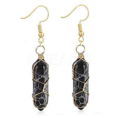 Obsidian Hexagon Handmade Copper Wire Wrapped Earrings Natural Stone Column Earrings ND6138-16-1