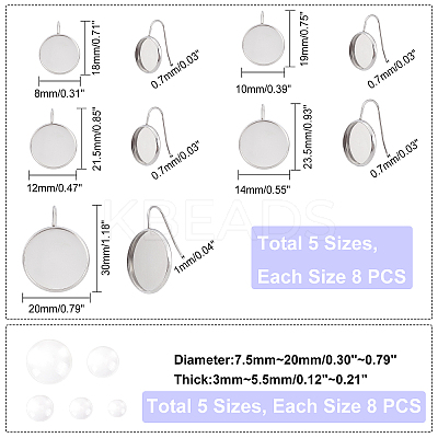 40Pcs 5 Styles Flat Round 304 Stainless Steel Earring Hooks Settings STAS-UN0026-16-1
