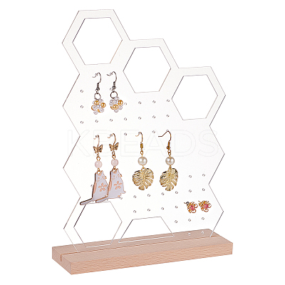 Transparent Acrylic Vertical Earring Display Stands with Wooden Base EDIS-WH0021-48B-1