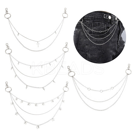 4Pcs 4 Style Butterfly & Cross & Sword Brass Pocket Pants Waist Chains with Zinc Alloy Clasps AJEW-GO00021-1
