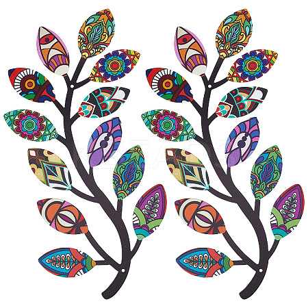 2Pcs 2 Style Iron Tree Leaf Wall Decor AJEW-CN0001-53-1