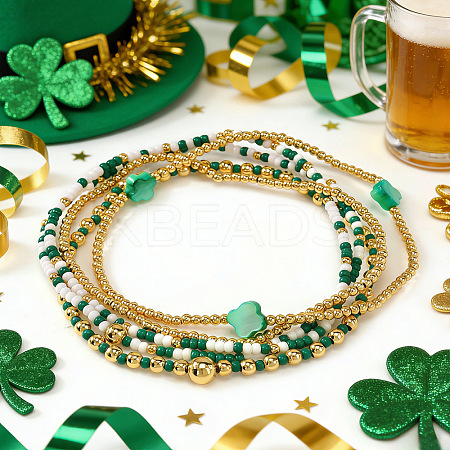 5Pcs St. Patrick's Day Brass & Acrylic & Glass Seed Bead & Natural Shell Stretch Bracelets for Women MR9061-7-1
