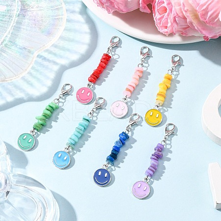 7Pcs Natural Freshwater Shell Chips & Smiling Face Alloy Enamel Pendant Decorations HJEW-JM04198-02-1