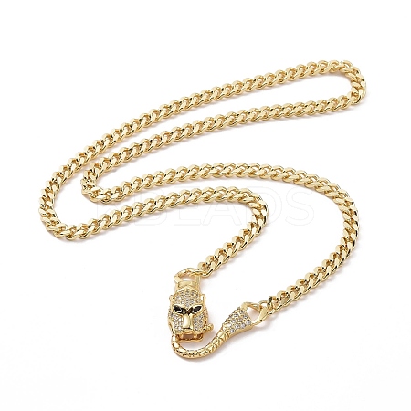 Cubic Zirconia Leopard Pendant Necklace with Brass Curb Chains for Women NJEW-G096-01G-02-1