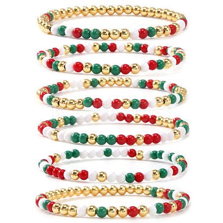 6Pcs Christmas Round Glass & Brass Beaded Stretch Bracelet Sets HE1918-1-1