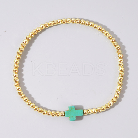 Cross Synthetic Turquoise & Round Brass Beaded Stretch Bracelets VG5379-6-1