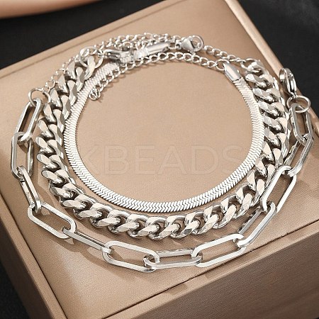 3Pcs 3 Styles 304 Stainless Steel Chain Bracelet Set BJEW-F505-01P-1
