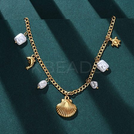 304 Stainless Steel Shell Shape Dolphin Turtle Pendant Necklaces for Women NJEW-F346-06G-1