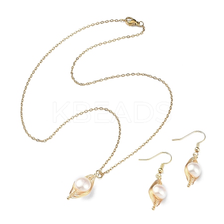 Natural Pearl Pendant Necklace & Dangle Earrings SJEW-JS01276-1