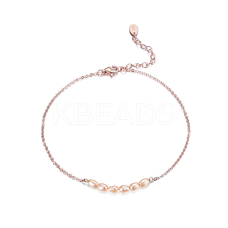 925 Sterling Silver Cable Chain Anklet with Natural Freshwater Pearls AJEW-F162-010RG-1