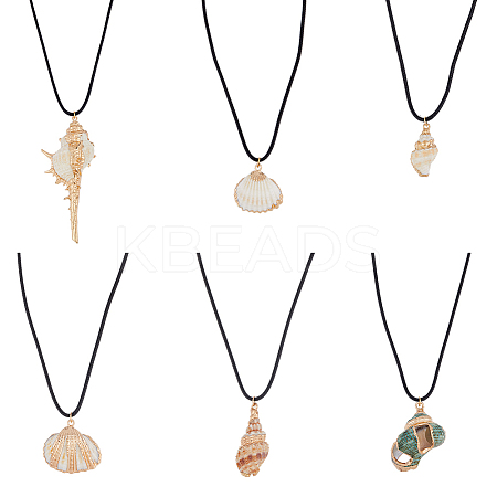 6Pcs 6 Style Natural Shell Pendant Necklaces Set with Wax Cords for Women NJEW-AN0001-42-1