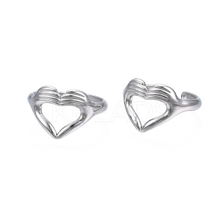 Non-Tarnish 304 Stainless Steel Heart Gesture Open Cuff Ring for Women RJEW-S405-260P-1