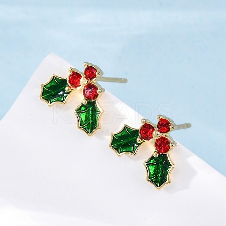 Cubic Zirconia Cherry Stud Earrings with Enamel EJEW-P199-14G-1