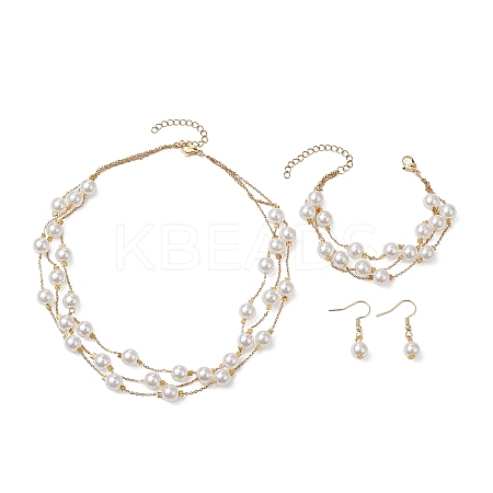 Round ABS Plastic Imitation Pearl Beads Necklace & Bracelet & Dangle Earring Sets for Women SJEW-JS01306-1