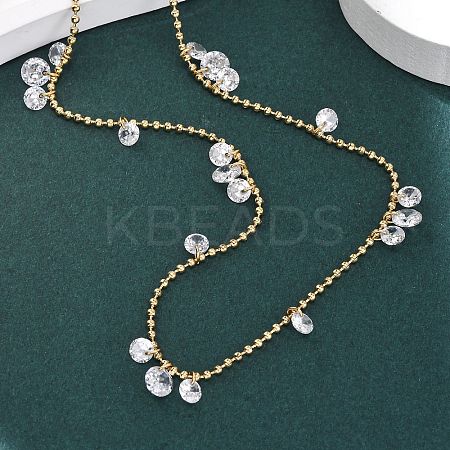 304 Stainless Steel Ball Chain Colorful Cubic Zirconia Flat Round Tassel Necklaces for Women NJEW-A051-03G-02-1