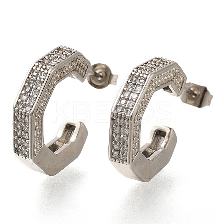 Rack Plating C-Shaped Brass Pave Clear Cubic Zirconia Stud Earrings EJEW-I310-08P-1