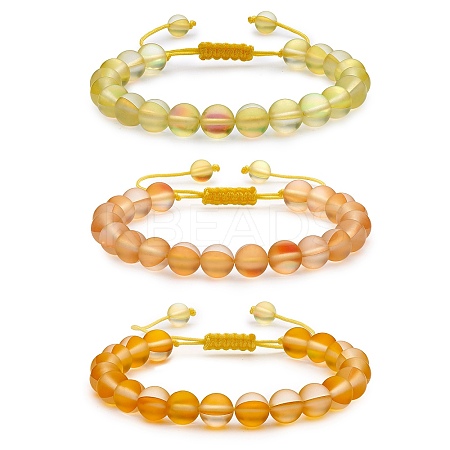 3Pcs Round Synthetic Moonstone Braided Bead Bracelets BJEW-SW00061-03-1