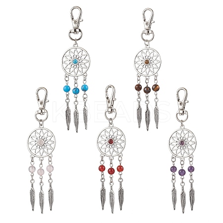 Woven Net/Web with Feather Alloy Pendant Decorations HJEW-JM02138-1