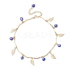 Handmade Evil Eye Lampwork & Stainless Steel Leaf Tassel 304 Stainless Steel Curved Bar Link Chain Anklets for Women AJEW-AN00742-02-2