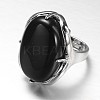 Adjustable Oval Brass Gemstone Wide Band Rings RJEW-L062-03-3