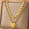 304 Stainless Steel Heart Pendant Flat Sequin Chain Double Layer Necklaces for Women LS-NJEW-F343-03G-3