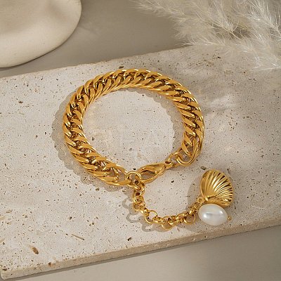 304 Stainless Steel & Natural Freshwater Pearl Curb Chain Bracelets for Women BJEW-G763-03G-1