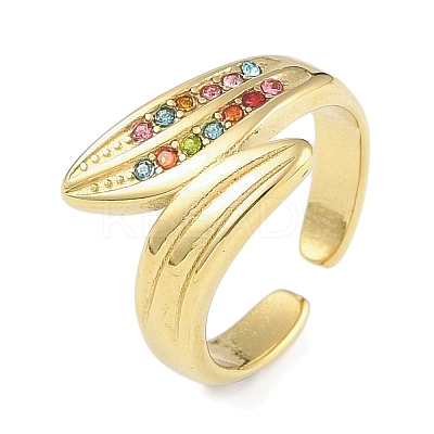 Leaf 304 Stainless Steel Rhinestone Cuff Ring for Women RJEW-C099-03G-02-1