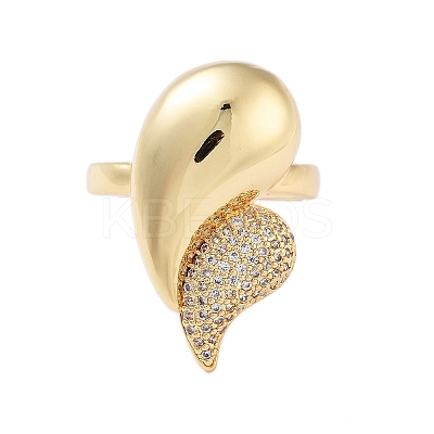 Rack Plating Teardrop Brass Micro Pave Cubic Zirconia Open Cuff Rings for Women RJEW-B064-03G-1