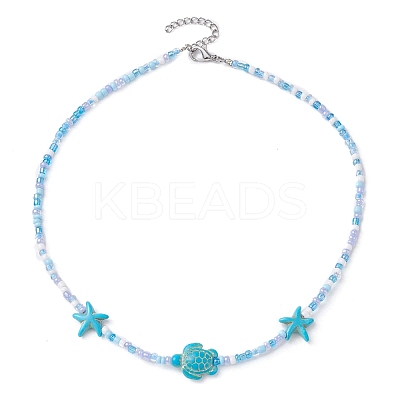 Synthetic Turquoise Starfish & Turtle & Seed Beaded Necklace for Women NJEW-JN04482-01-1