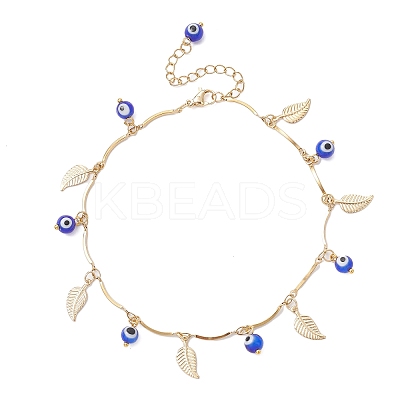Handmade Evil Eye Lampwork & Stainless Steel Leaf Tassel 304 Stainless Steel Curved Bar Link Chain Anklets for Women AJEW-AN00742-02-1