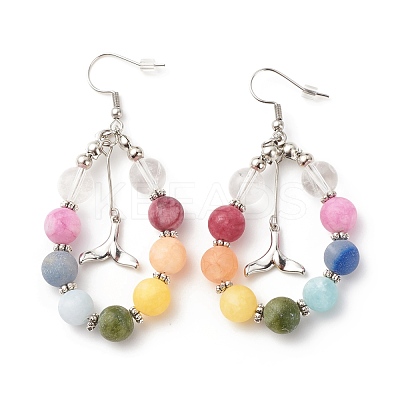 Natural Mixed Gemstone Braided Teardrop Dangle Earrings with Brass Whale Tail Charms EJEW-JE04951-02-1