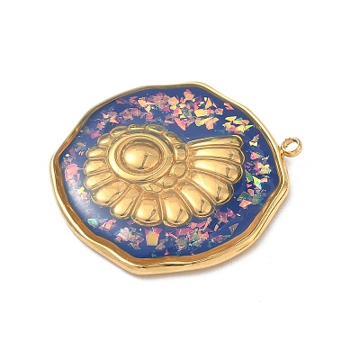 304 Stainless Steel Epoxy Resin with Natural Shell and Sequins Inside Pendants STAS-L026-17G-I04-1